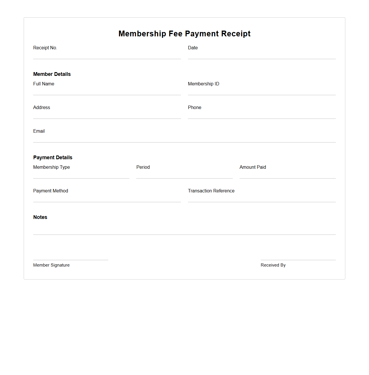 Membership Fee Payment Receipt Template