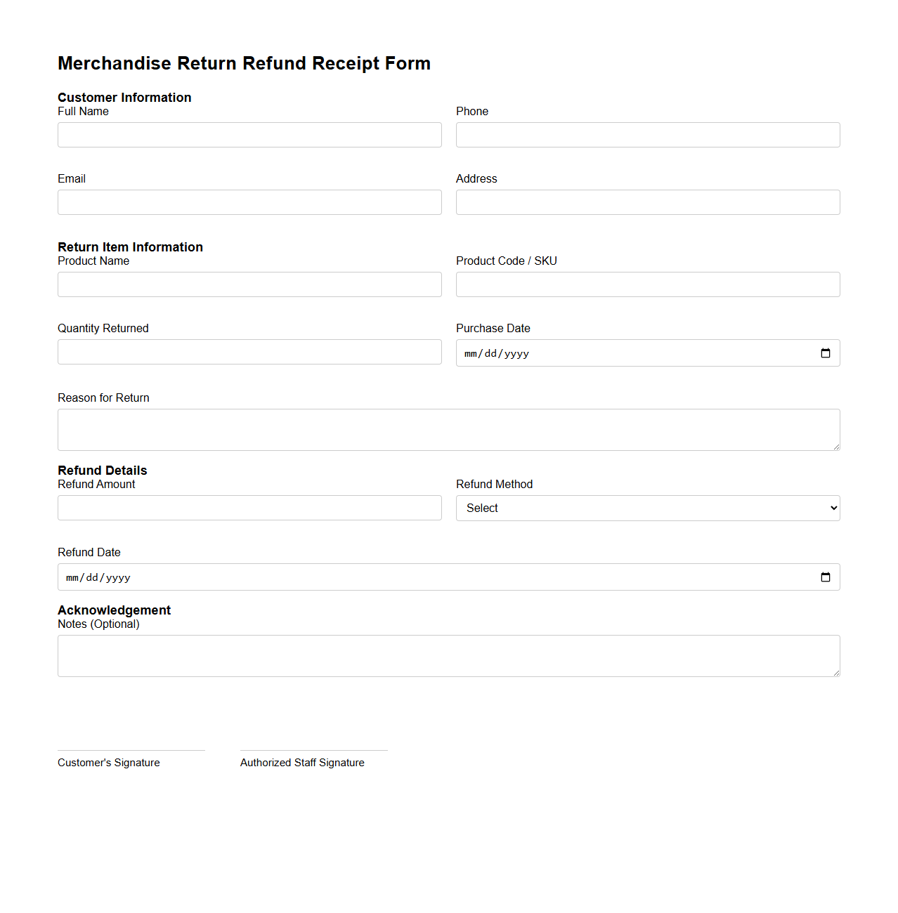 Merchandise Return Refund Receipt Form