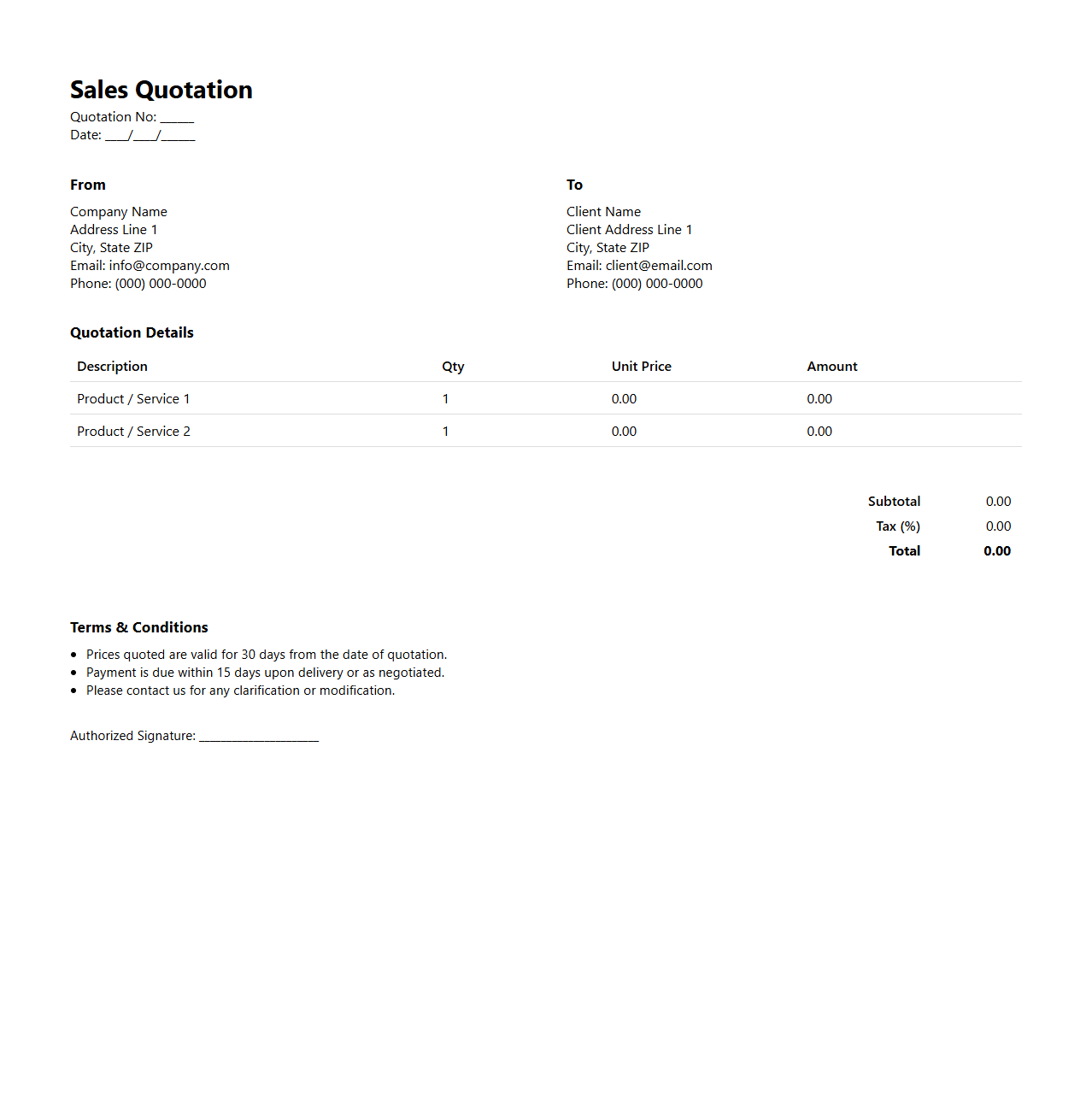 Minimal Sales Quotation Format for Small Businesses