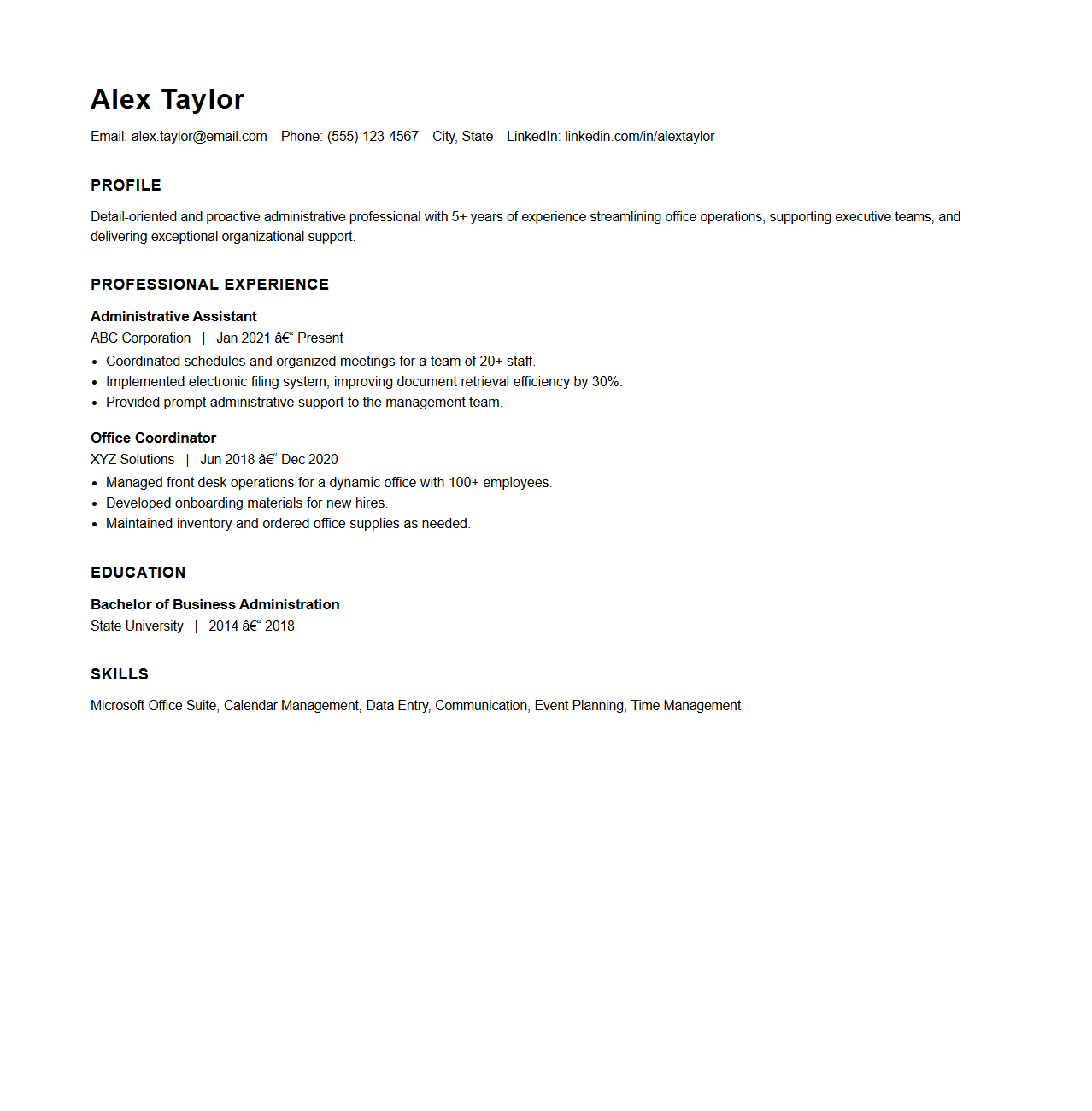 Minimalist Administrative Resume Template