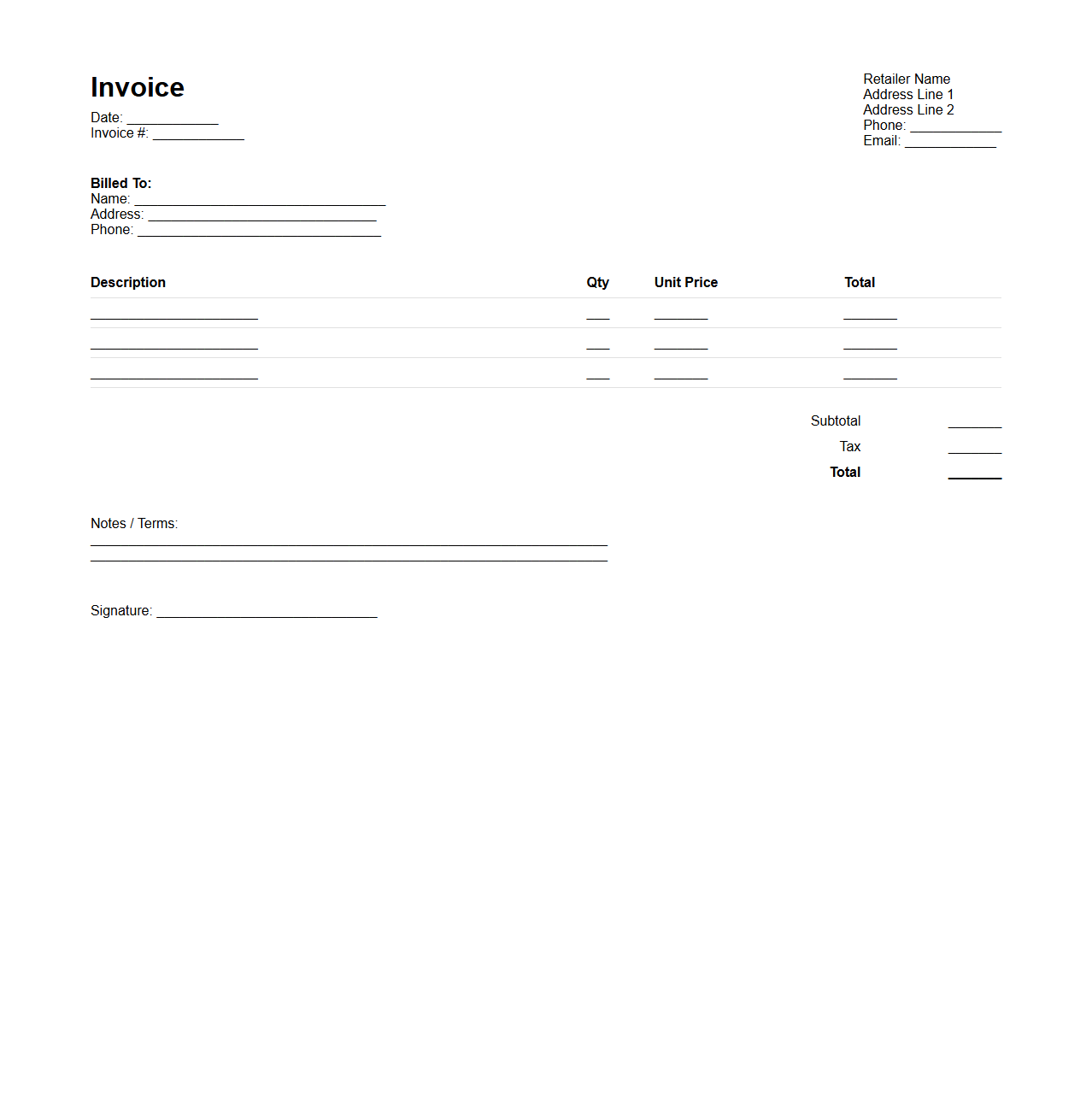 Minimalist Blank Retail Sales Invoice