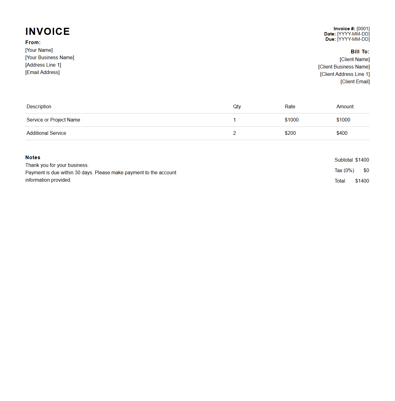 Minimalist Service Invoice Design for Freelancers