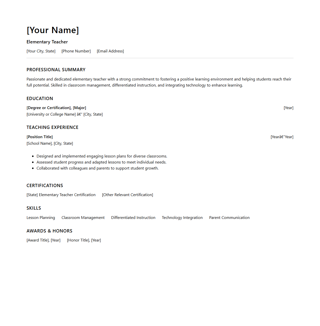 Modern Blank Elementary Teacher Resume Template