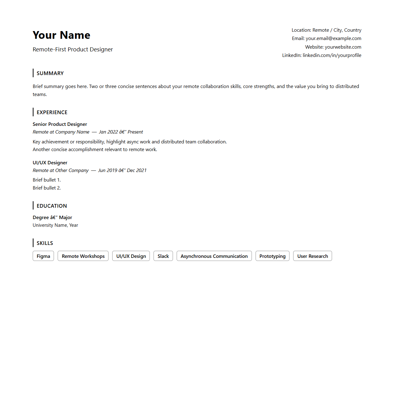 Modern Remote-First Career Resume format