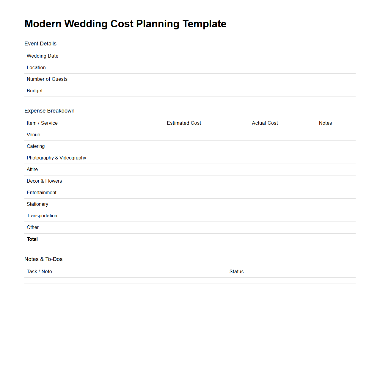 Modern Wedding Cost Planning Template