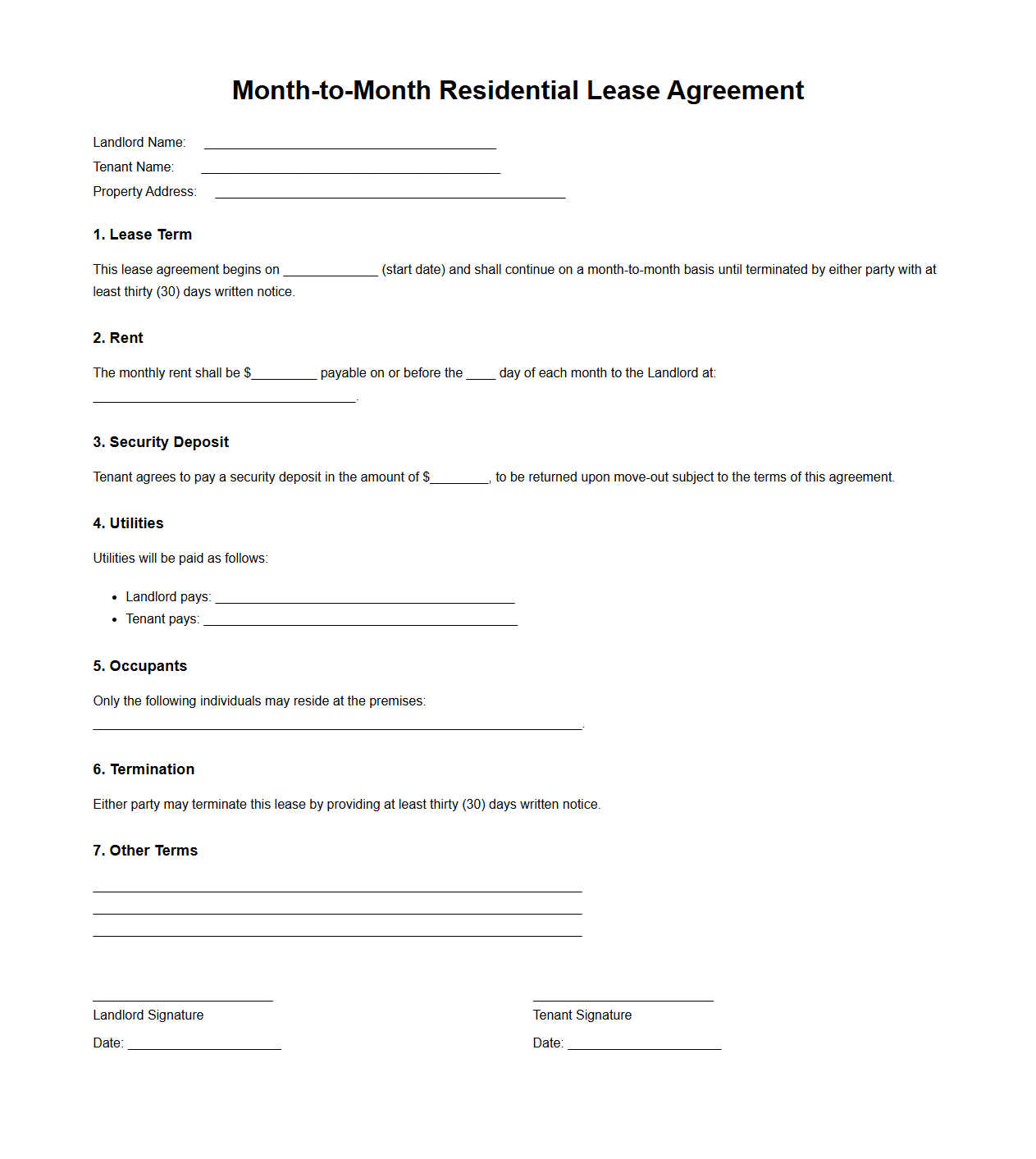 Month-to-Month Residential Lease Agreement Template