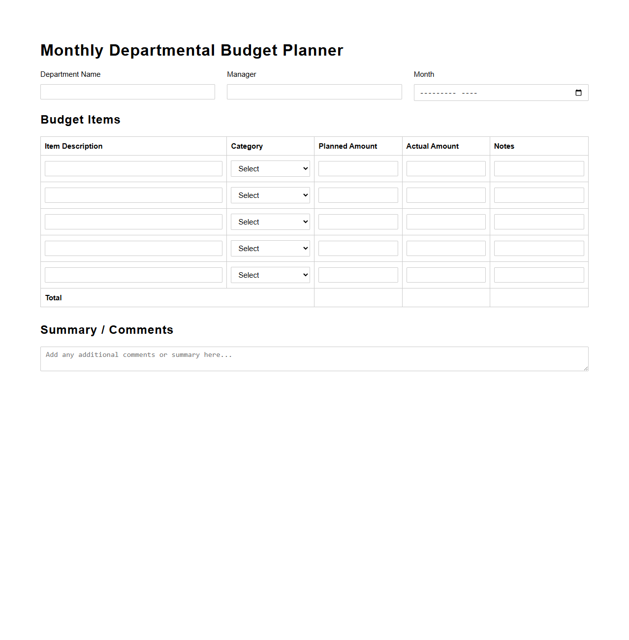 Monthly Departmental Budget Planner for Corporate Management