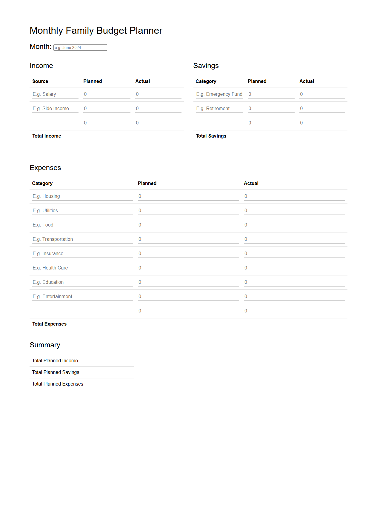 Monthly Family Budget Planner
