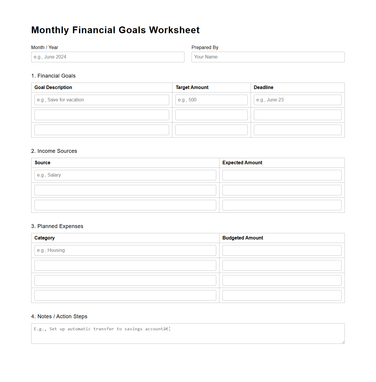 Monthly Financial Goals Worksheet