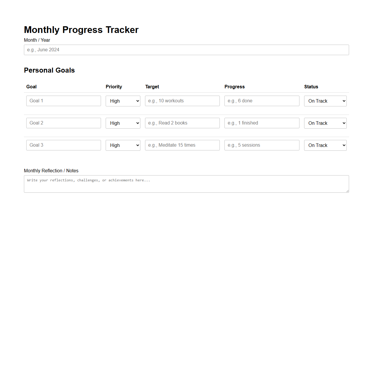 Monthly Progress Tracker for Personal Goals