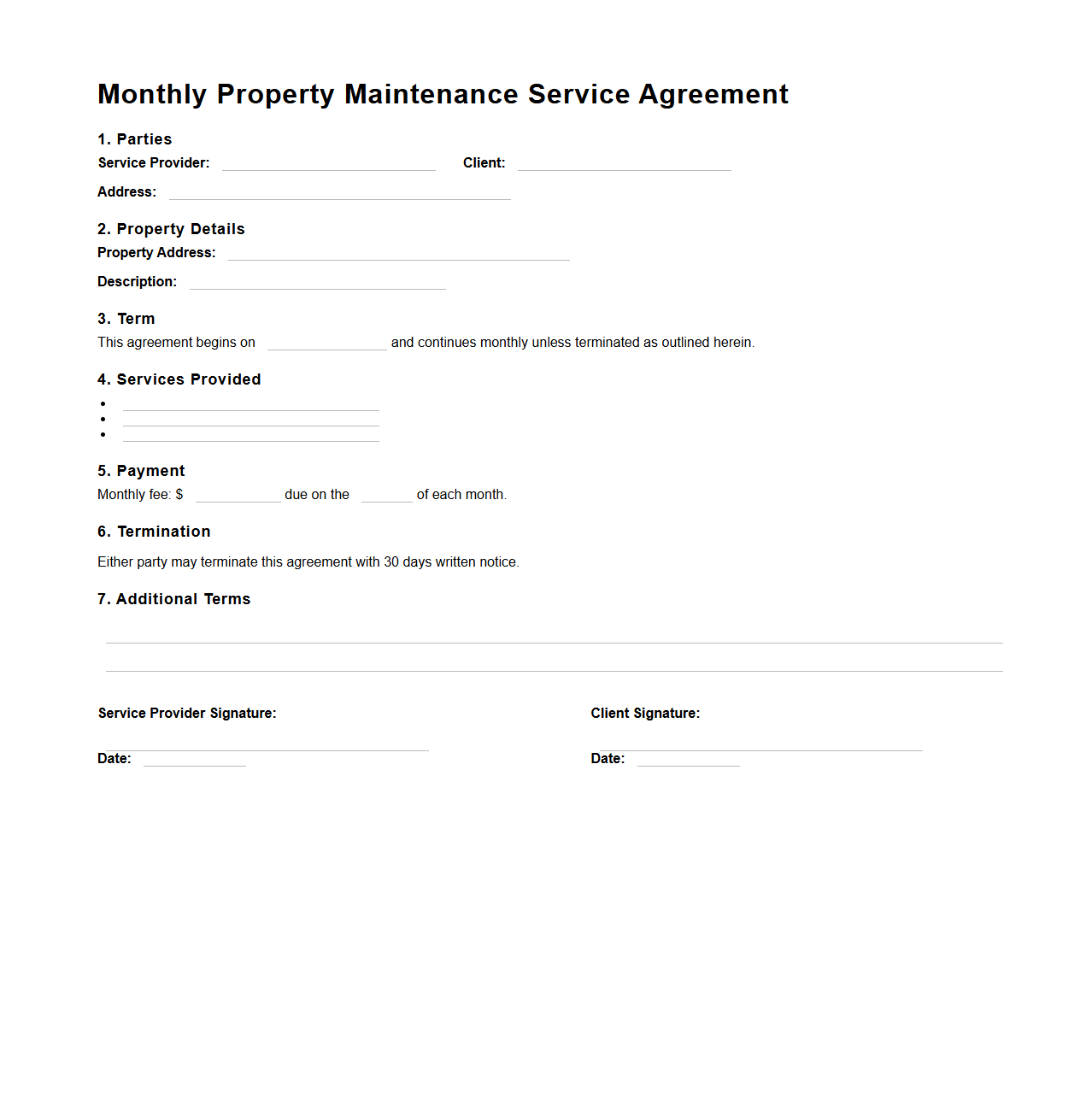 Monthly Property Maintenance Service Agreement