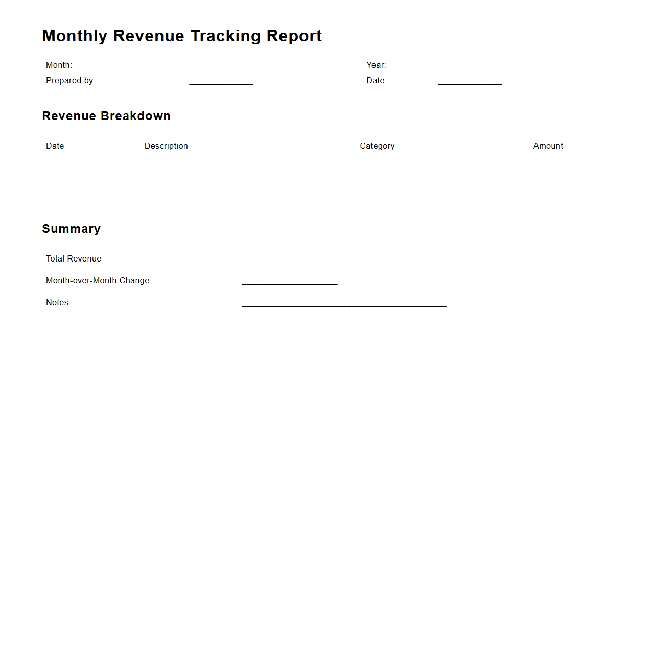 Monthly Revenue Tracking Report Template