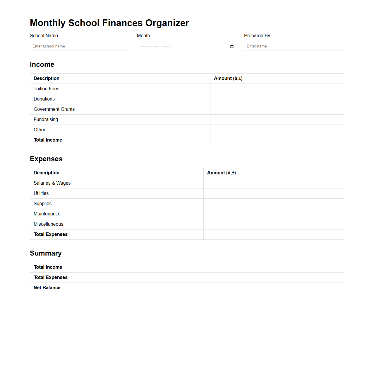 Monthly School Finances Organizer