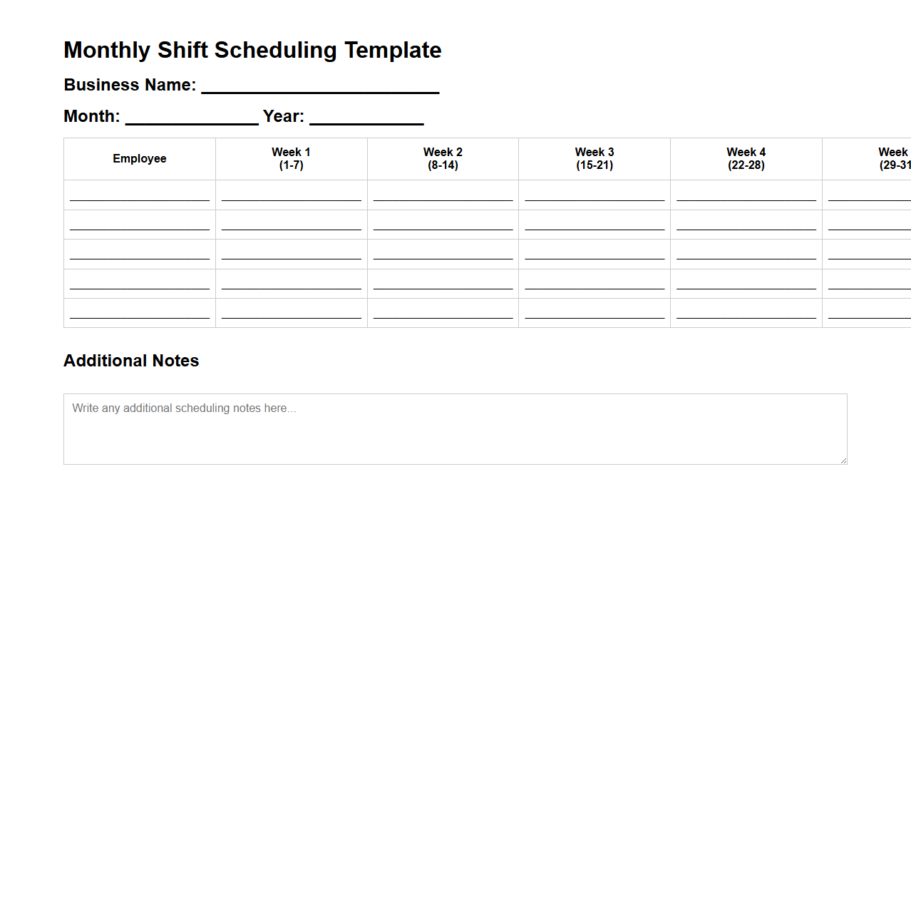 Monthly Shift Scheduling Template for Small Businesses