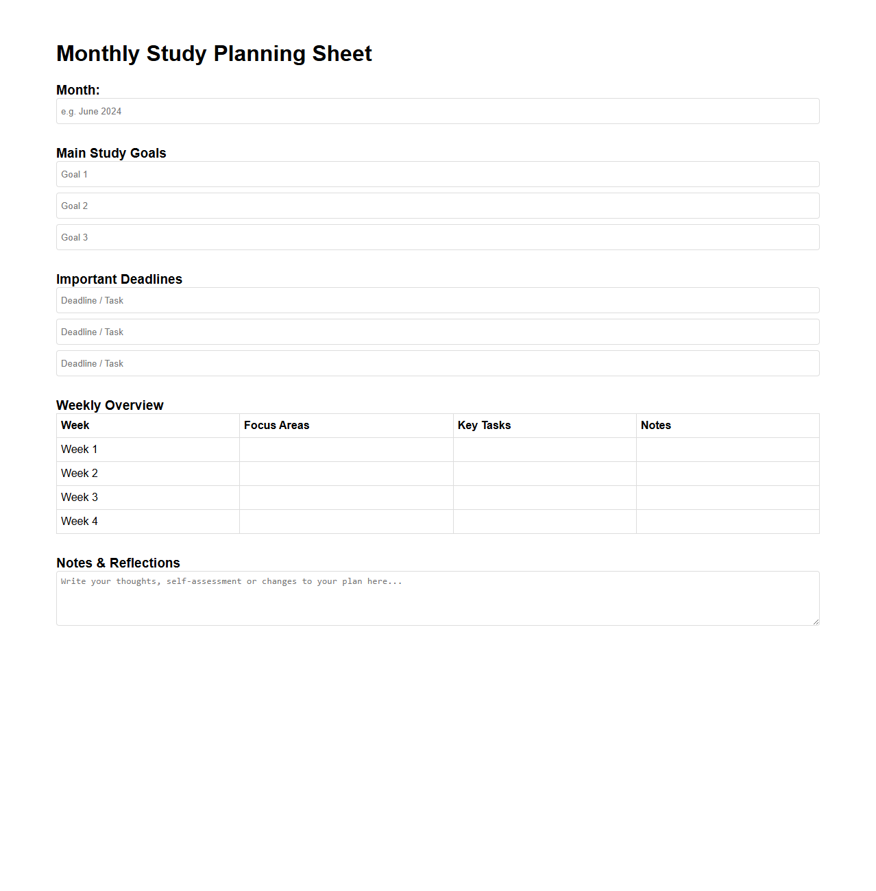 Monthly Study Planning Sheet