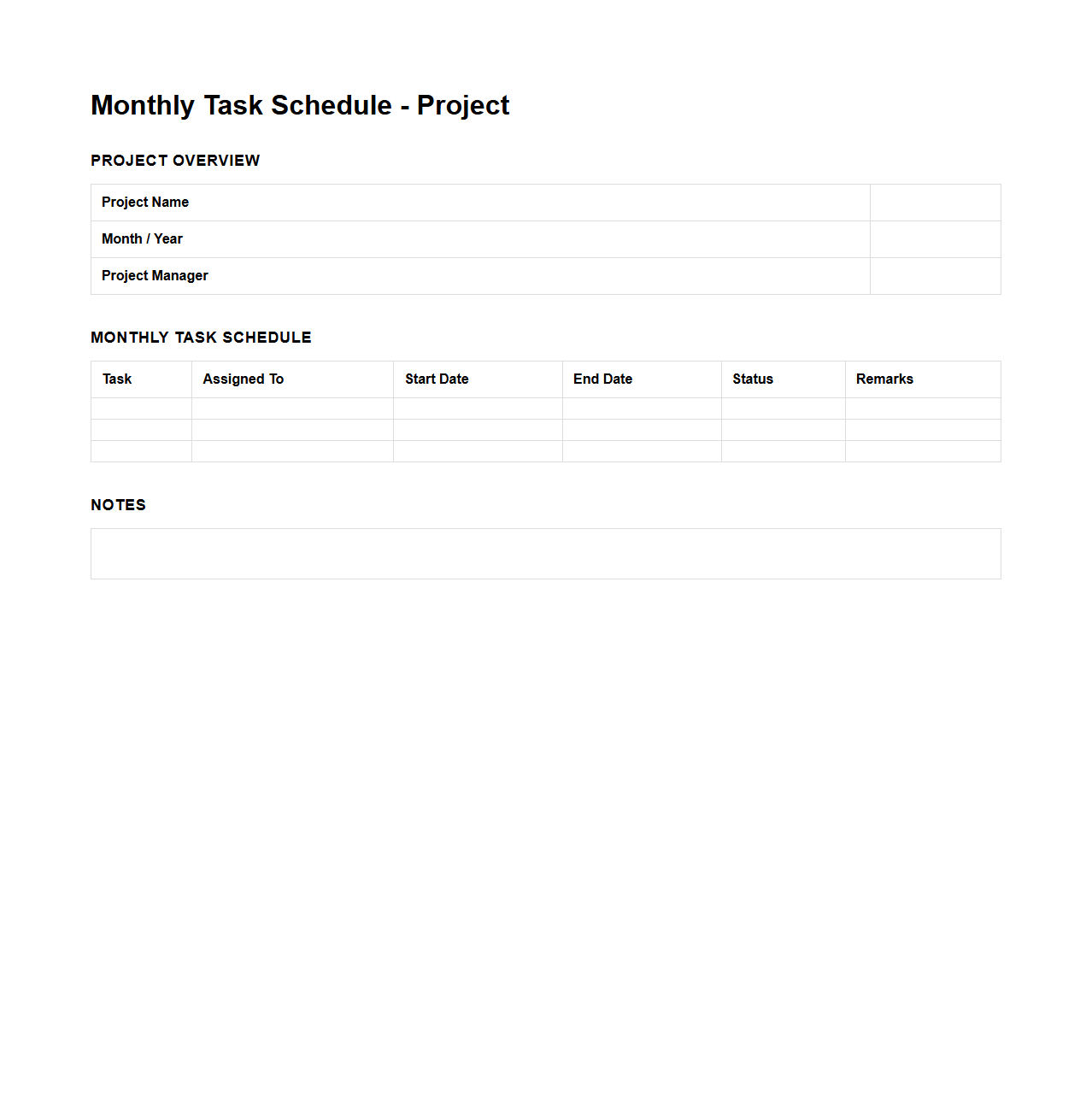 Monthly Task Schedule Layout for Projects