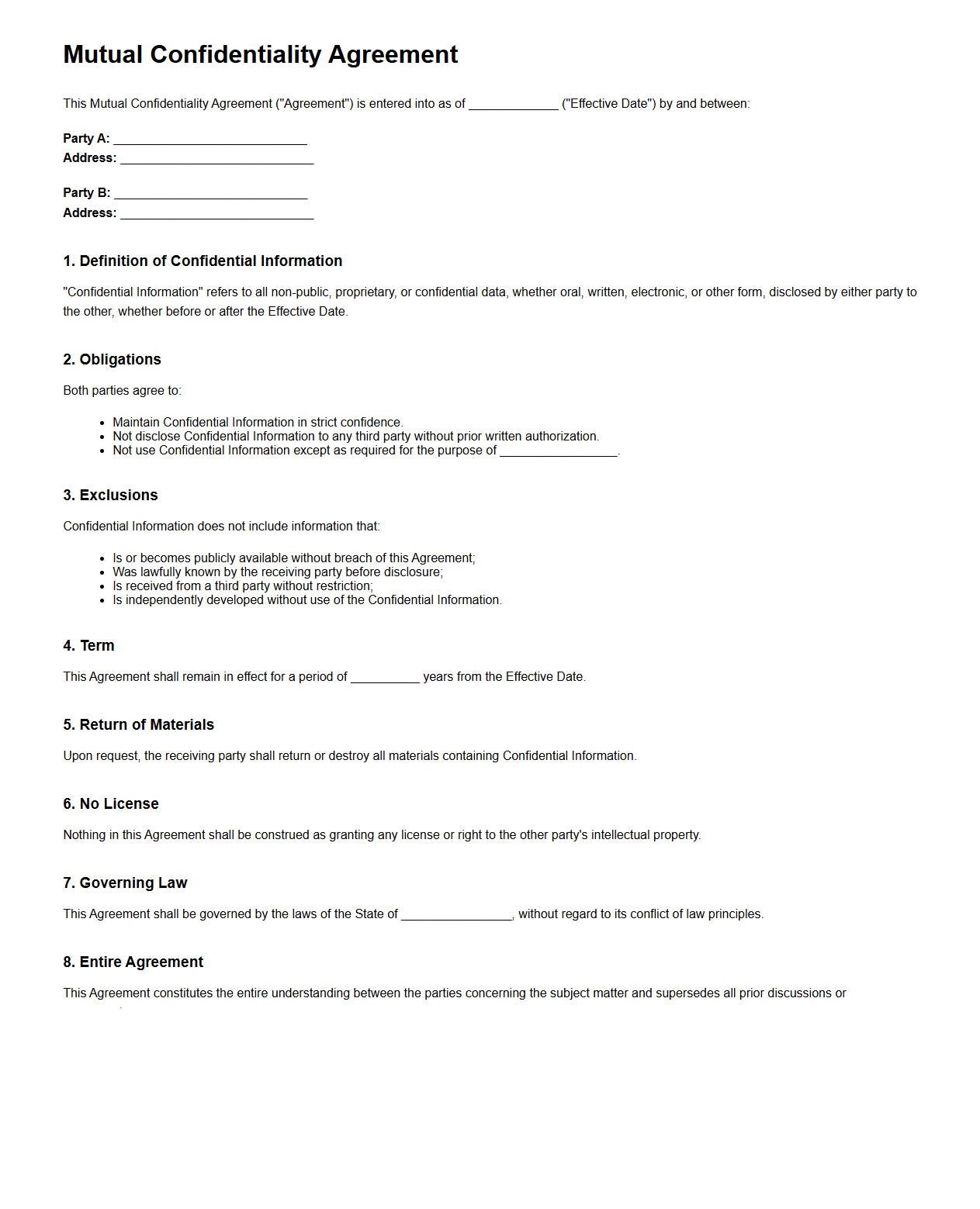 Mutual Confidentiality Agreement Template