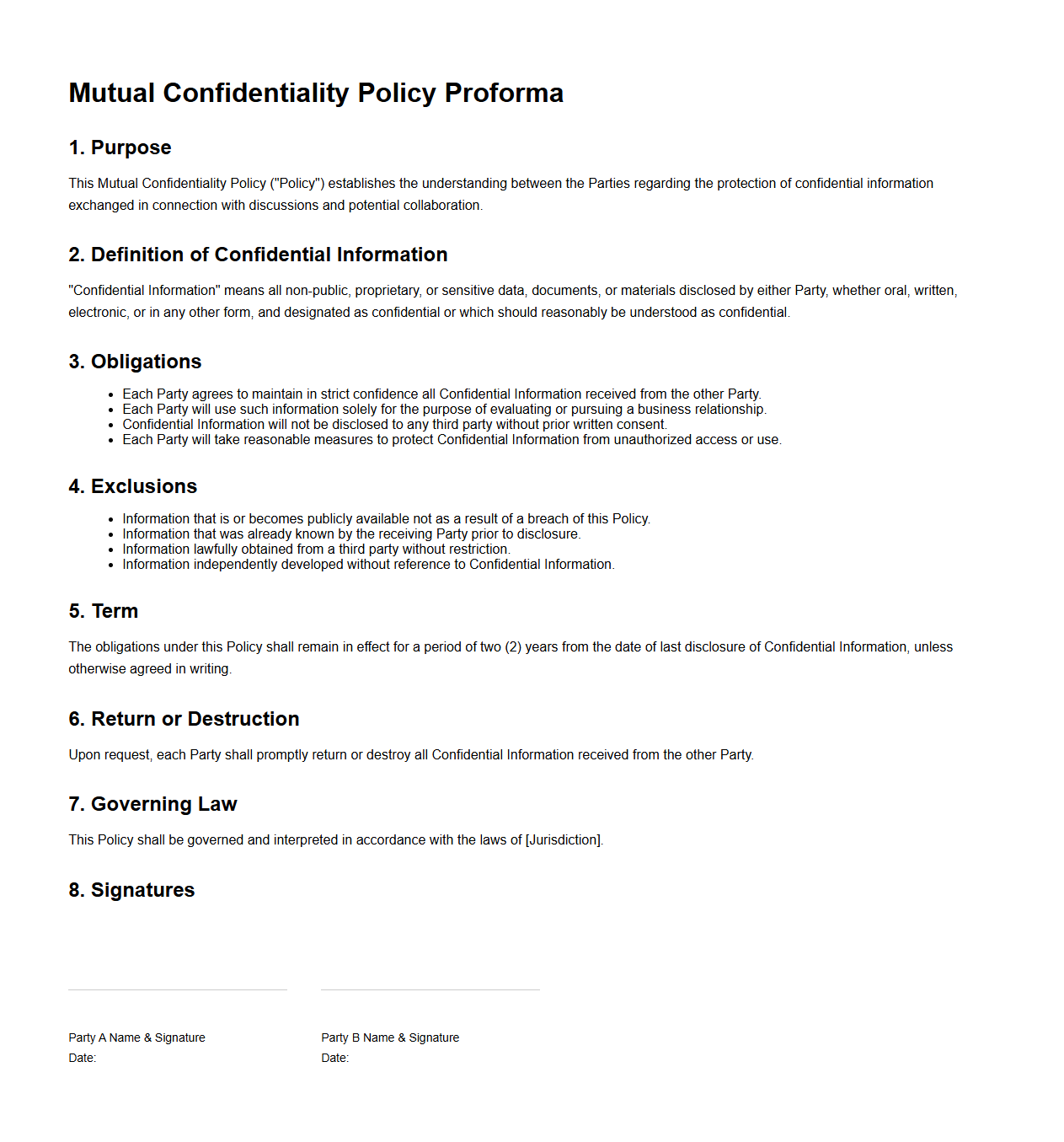 Mutual Confidentiality Policy Proforma