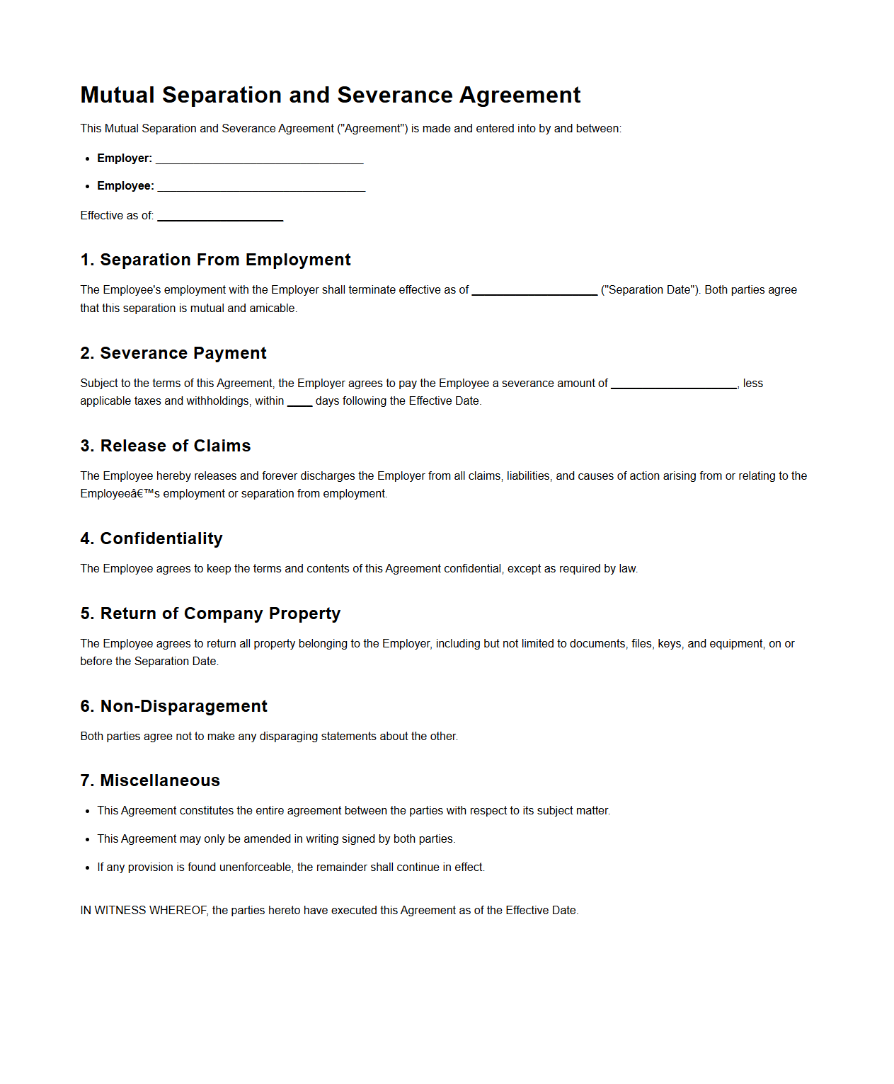 Mutual Separation and Severance Agreement Template