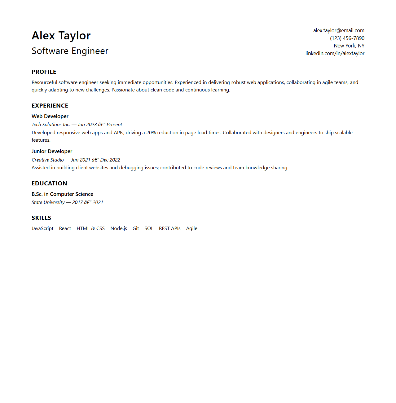 Neat Single-Page CV Layout for Immediate Opportunities