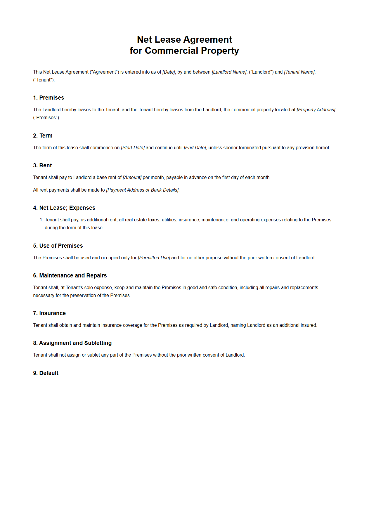 Net Lease Agreement for Commercial Property