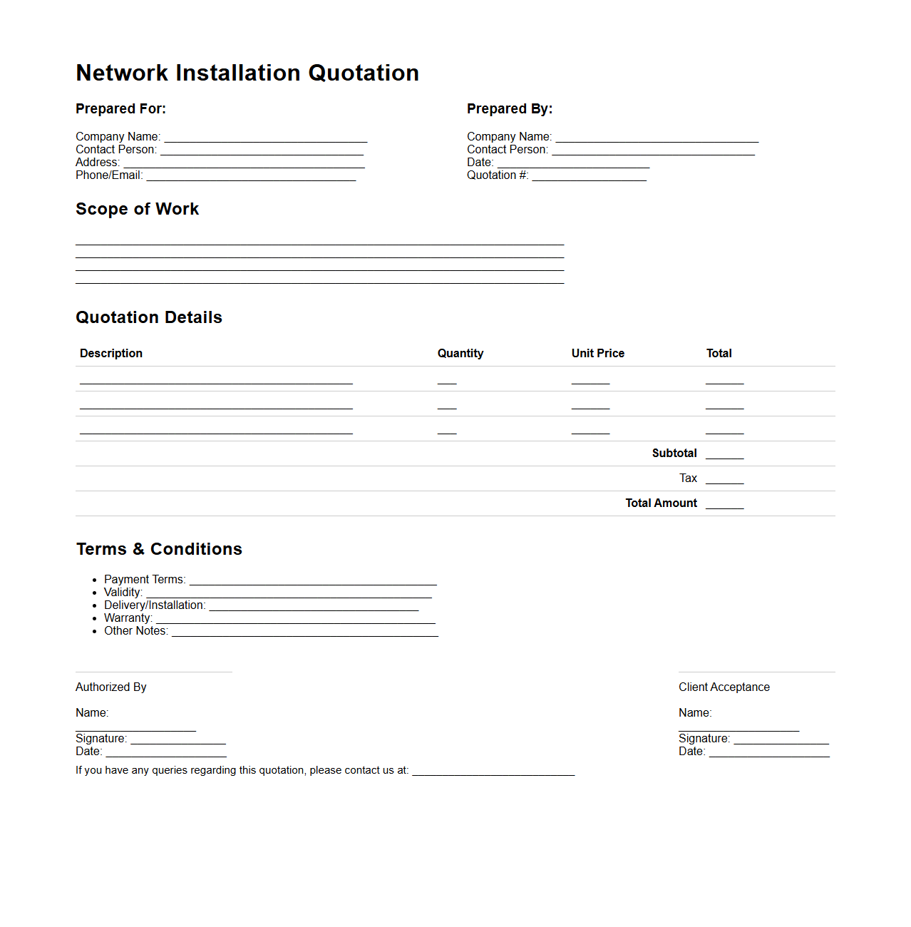 Network Installation Quotation Template