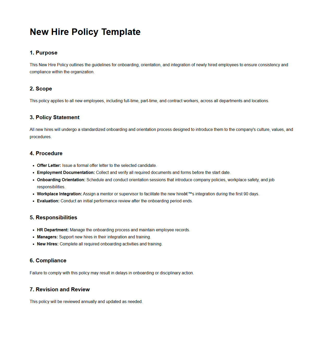 New Hire Policy Template