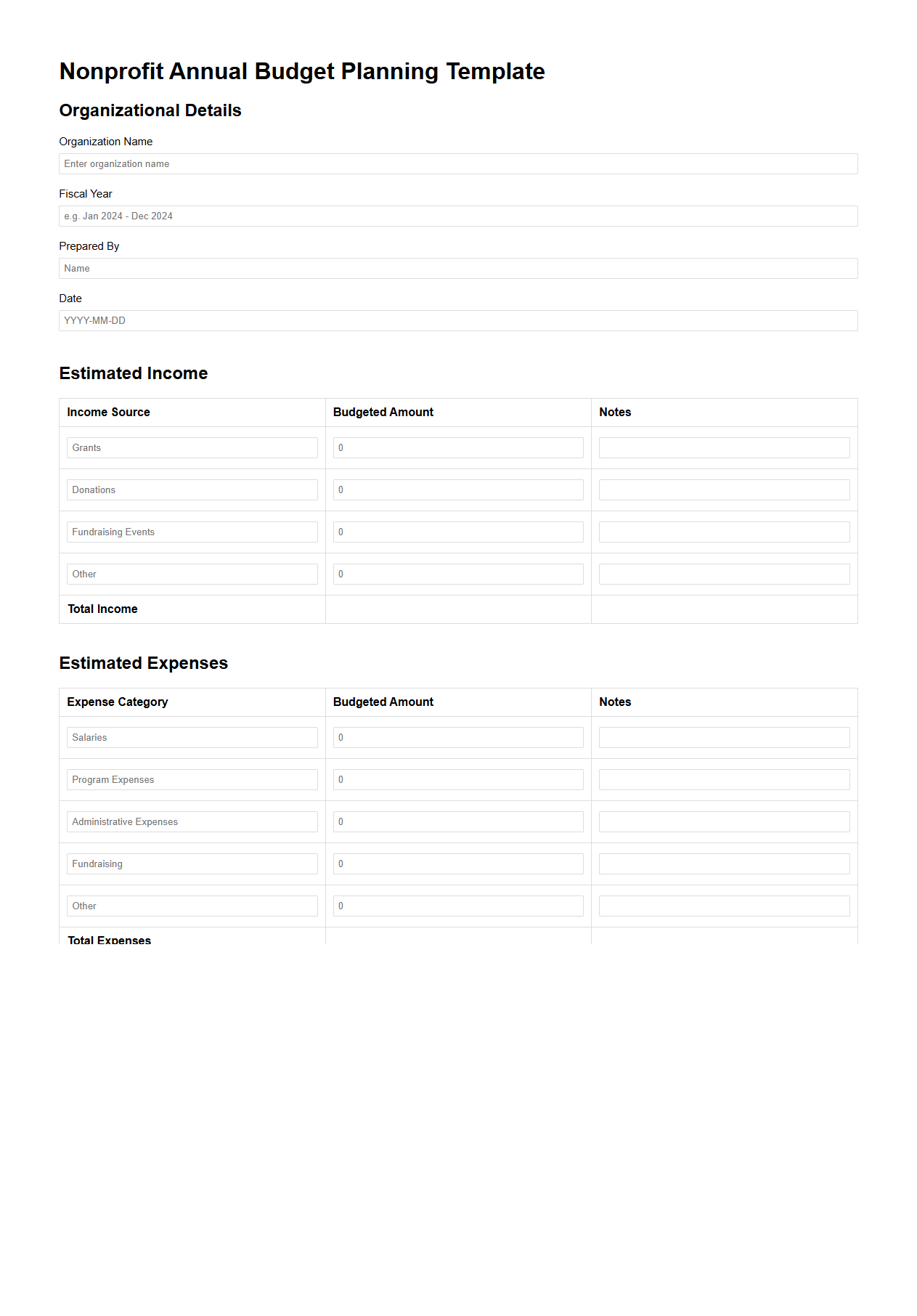 Nonprofit Annual Budget Planning Template