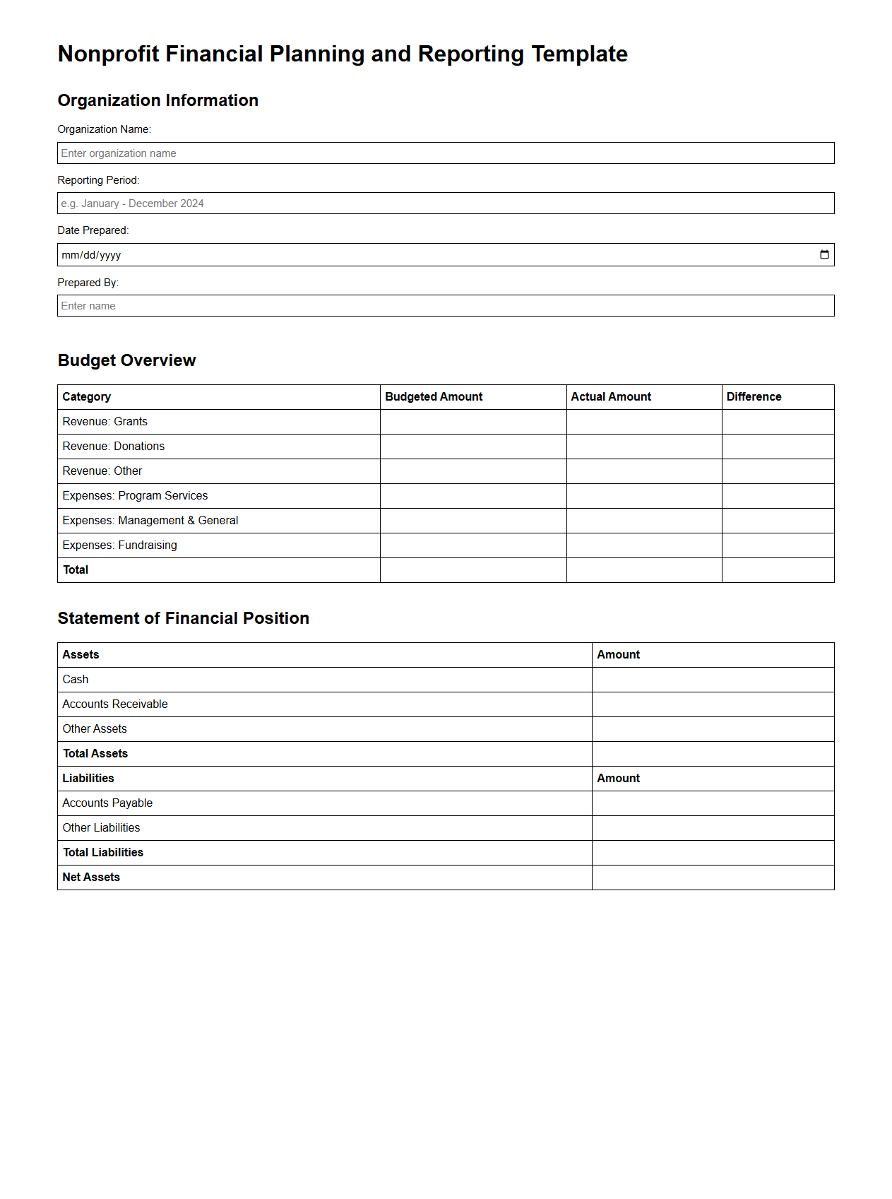 Nonprofit Financial Planning and Reporting Template