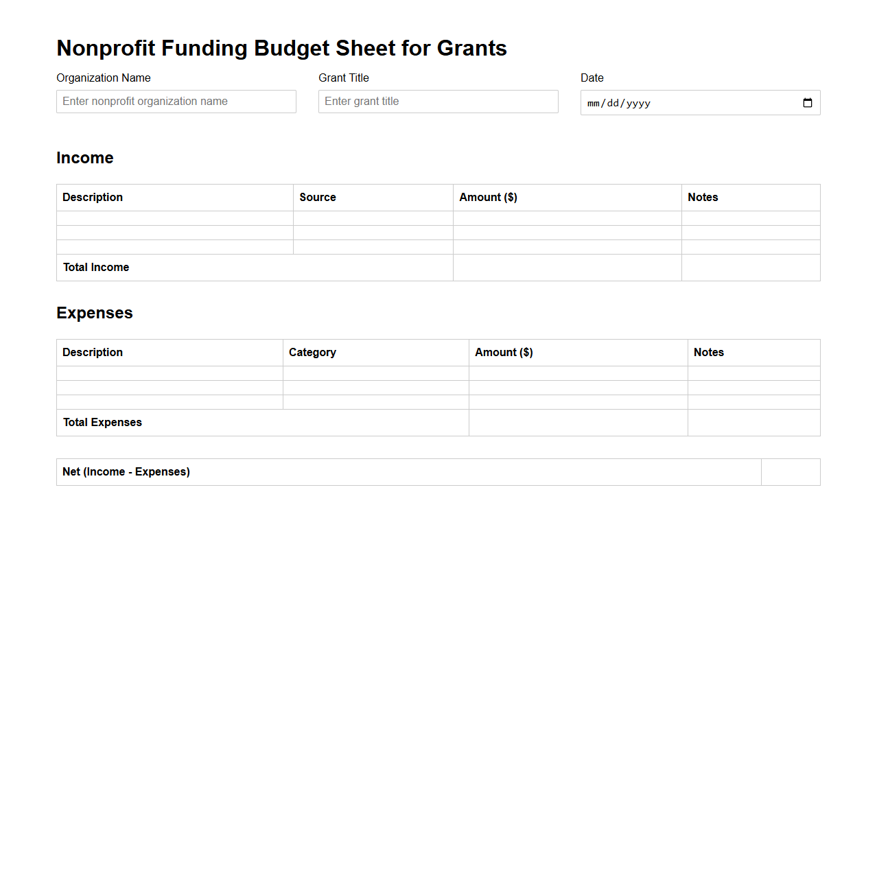 Nonprofit Funding Budget Sheet for Grants