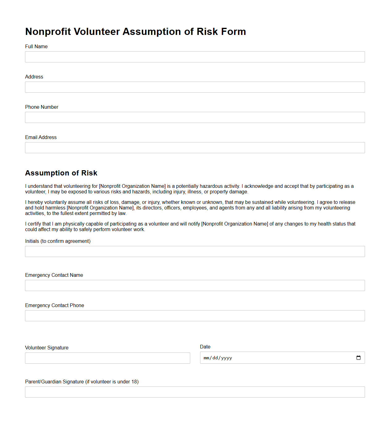 Nonprofit Volunteer Assumption of Risk Form
