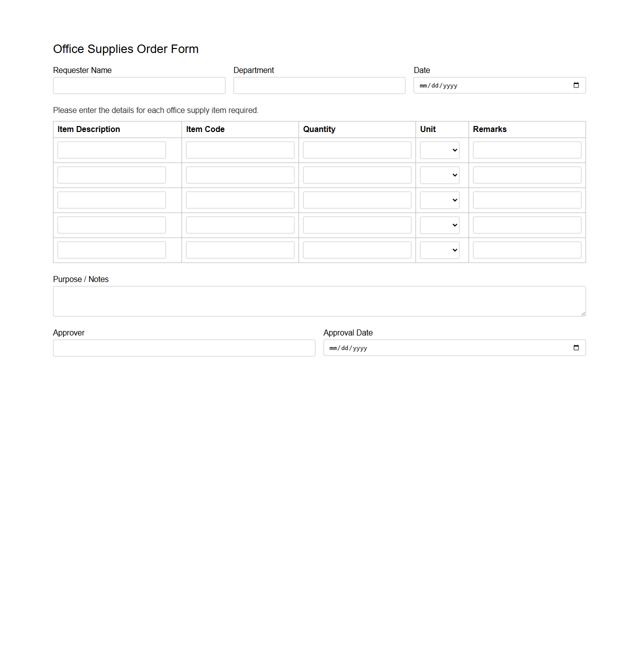 Office Supplies Order Form for Inventory Replenishment