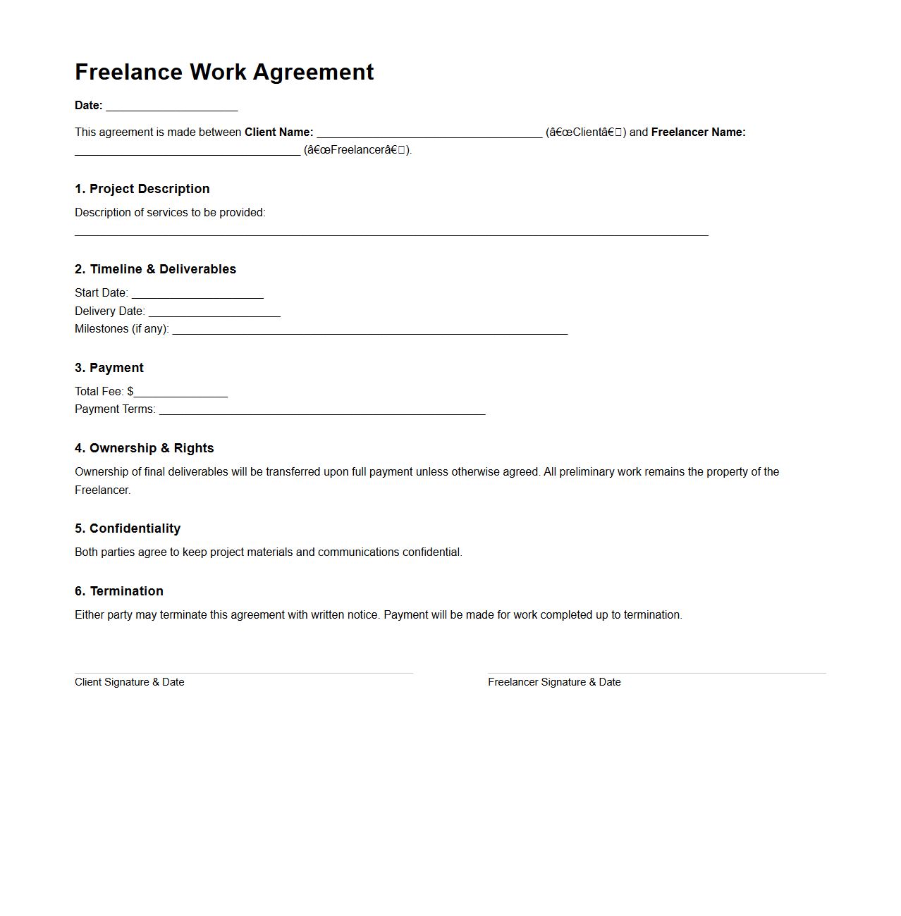 One-Page Freelance Work Agreement Template