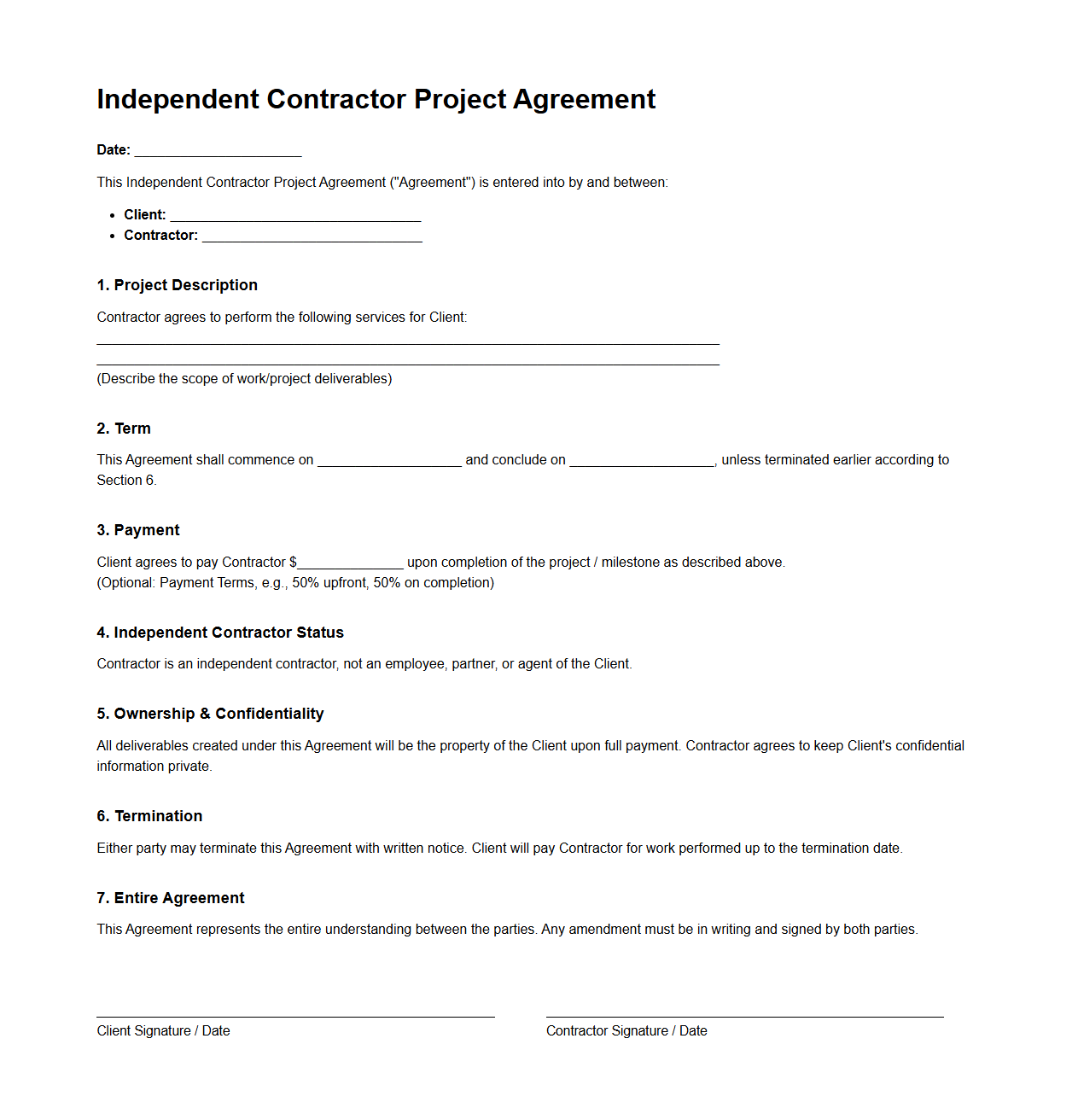 One-Page Independent Contractor Project Agreement Template