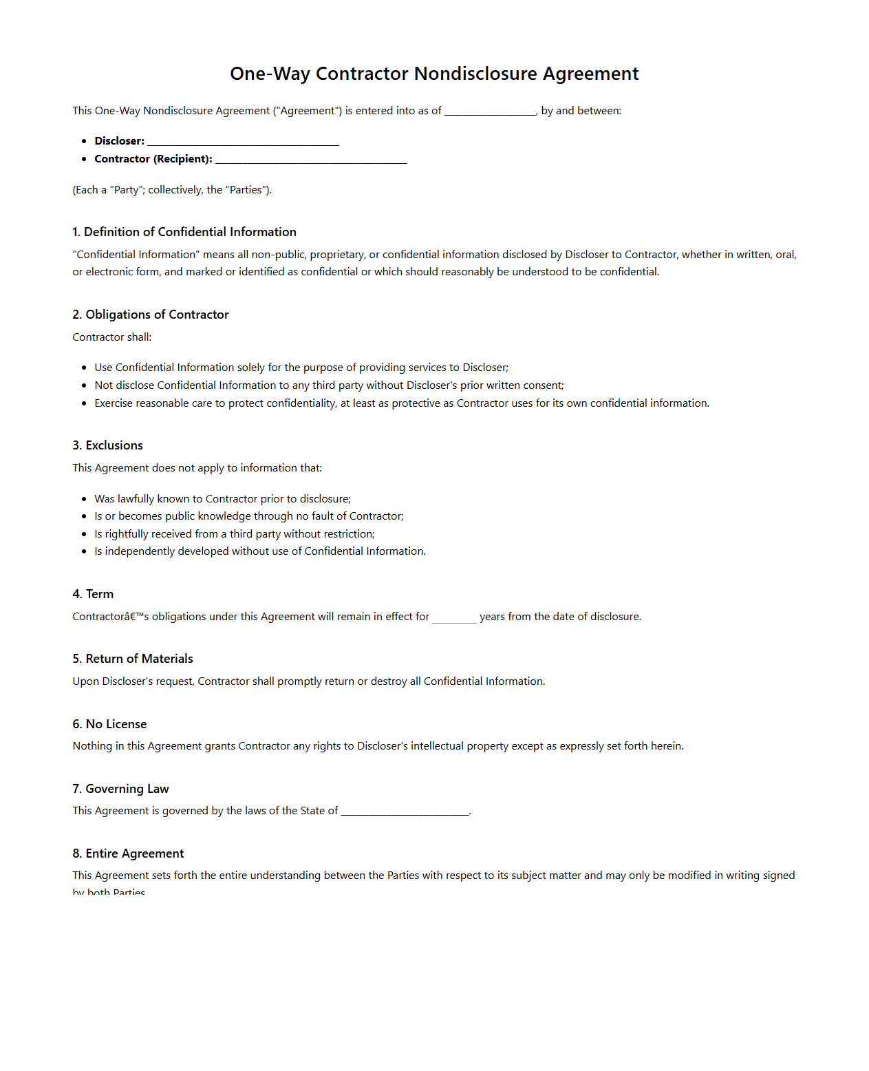 One-Way Contractor Nondisclosure Agreement Sample