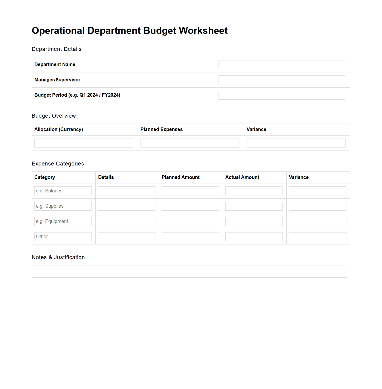 Operational Department Budget Worksheet for Organizations