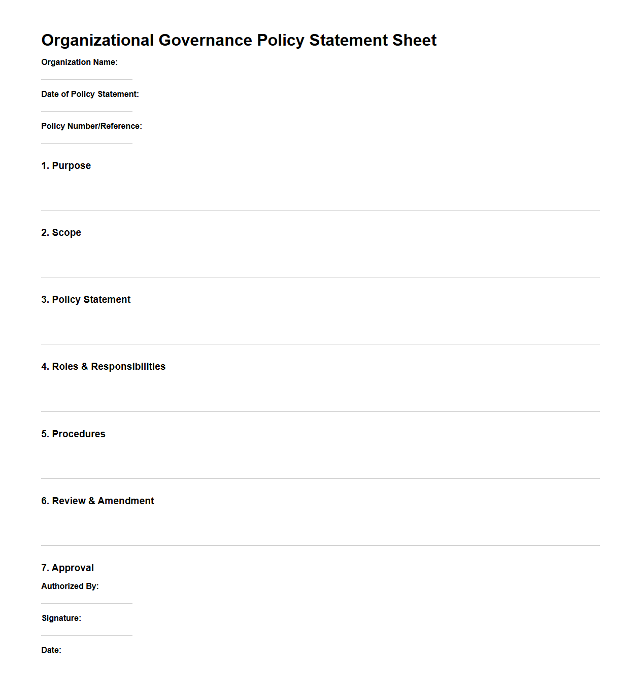 Organizational Governance Policy Statement Sheet