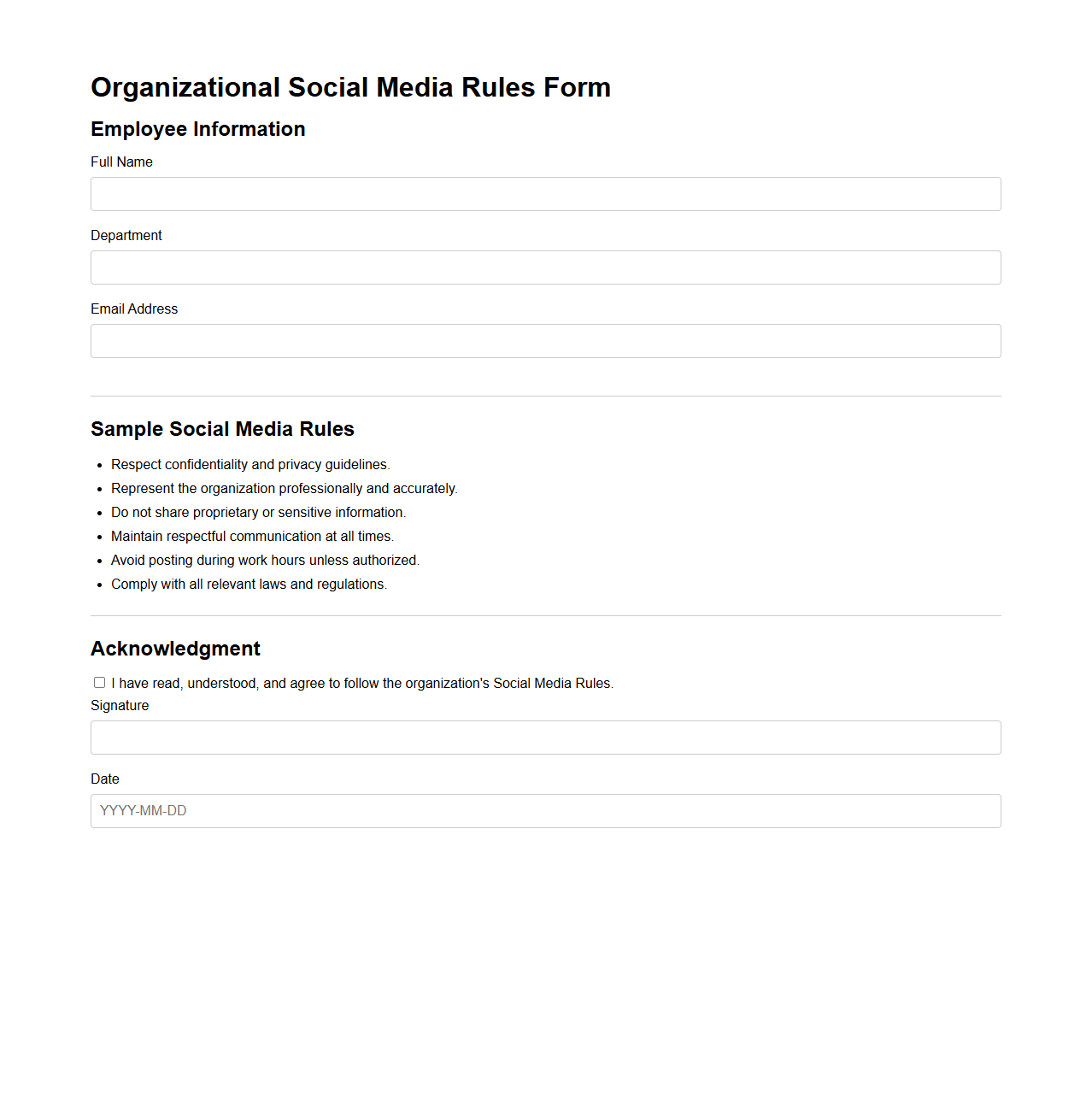 Organizational Social Media Rules Form