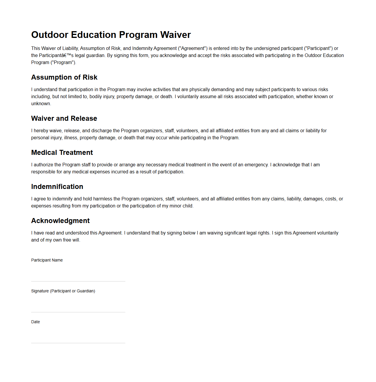 Outdoor Education Program Waiver Template