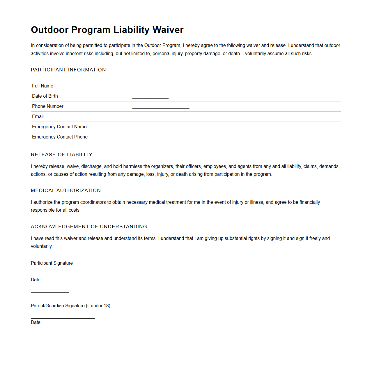Outdoor Program Liability Waiver Template
