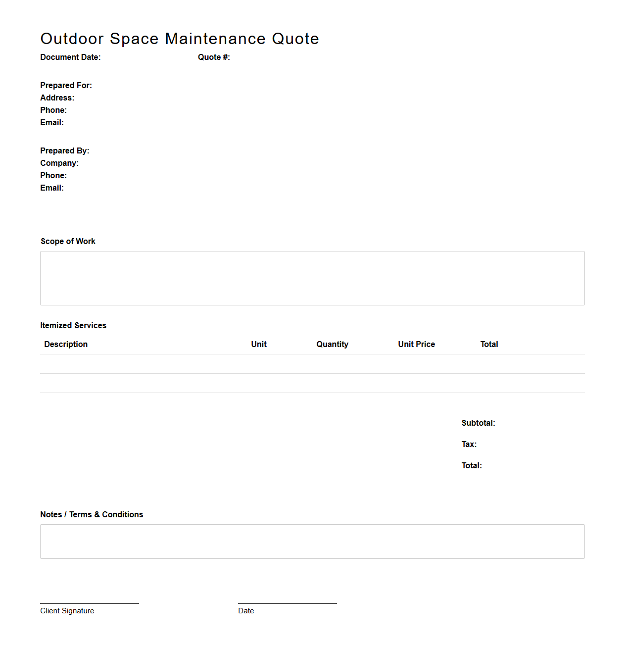Outdoor Space Maintenance Quote Document