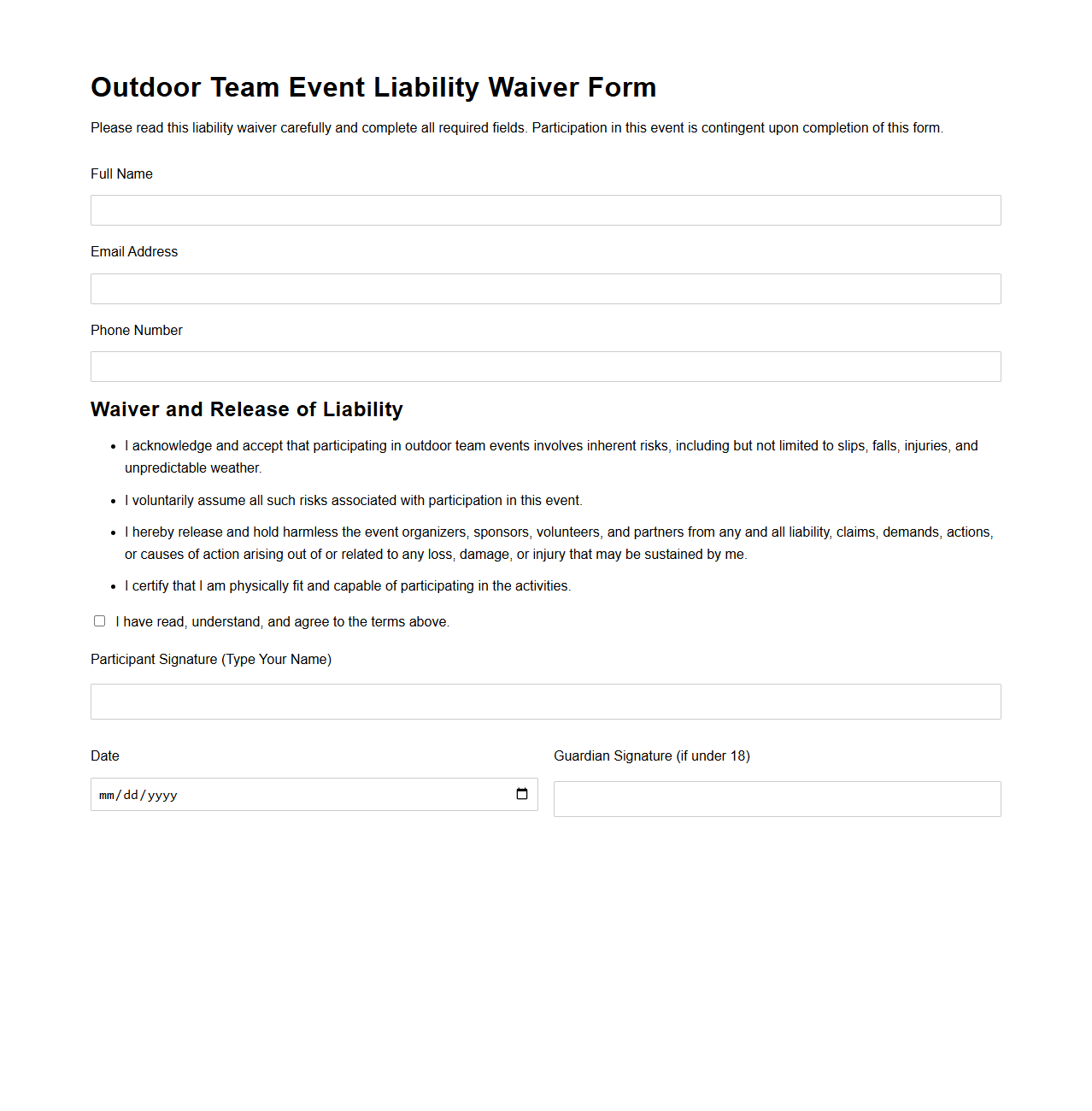 Outdoor Team Event Liability Waiver Form