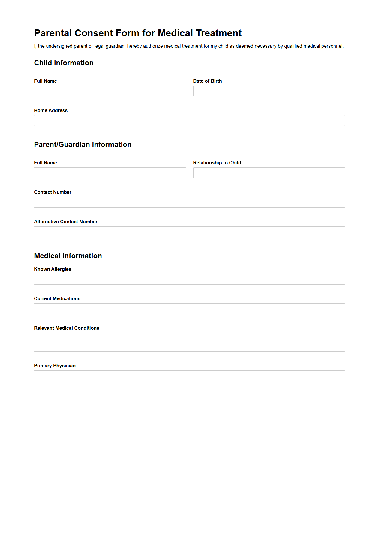 Parental Consent Form for Medical Treatment
