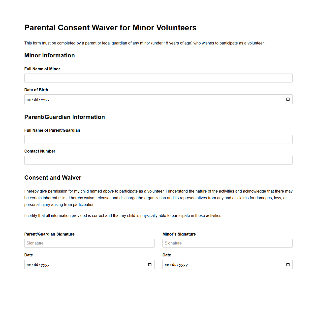 Parental Consent Waiver for Minor Volunteers