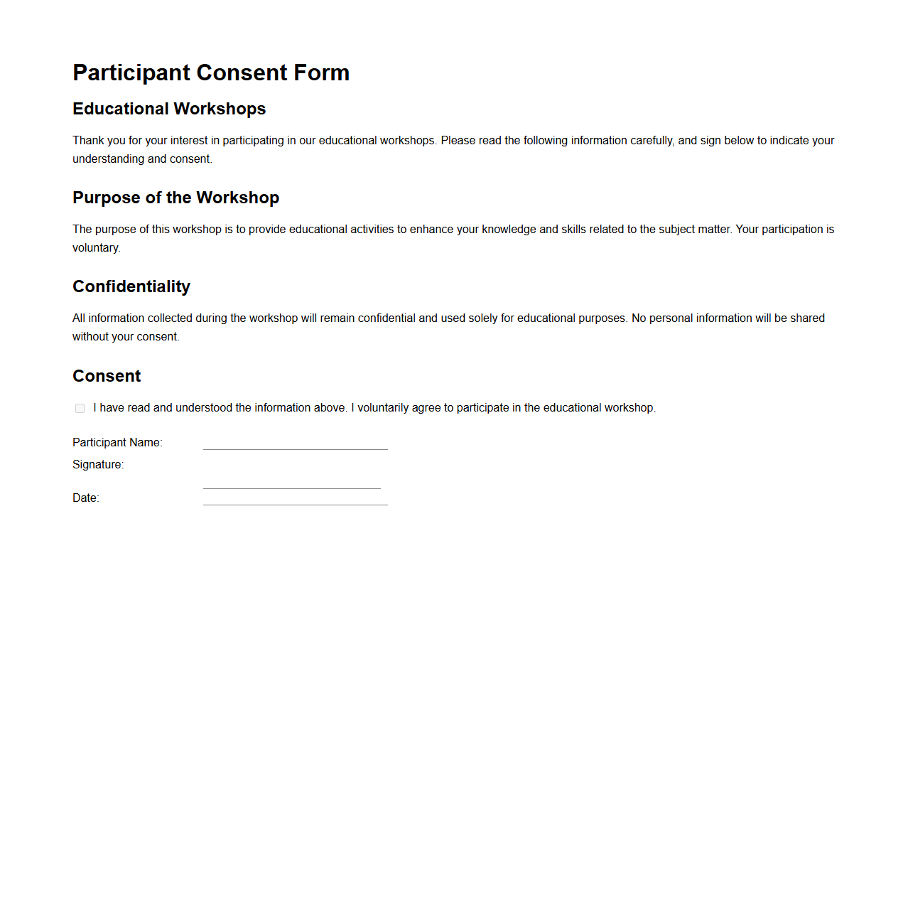Participant Consent Form for Educational Workshops