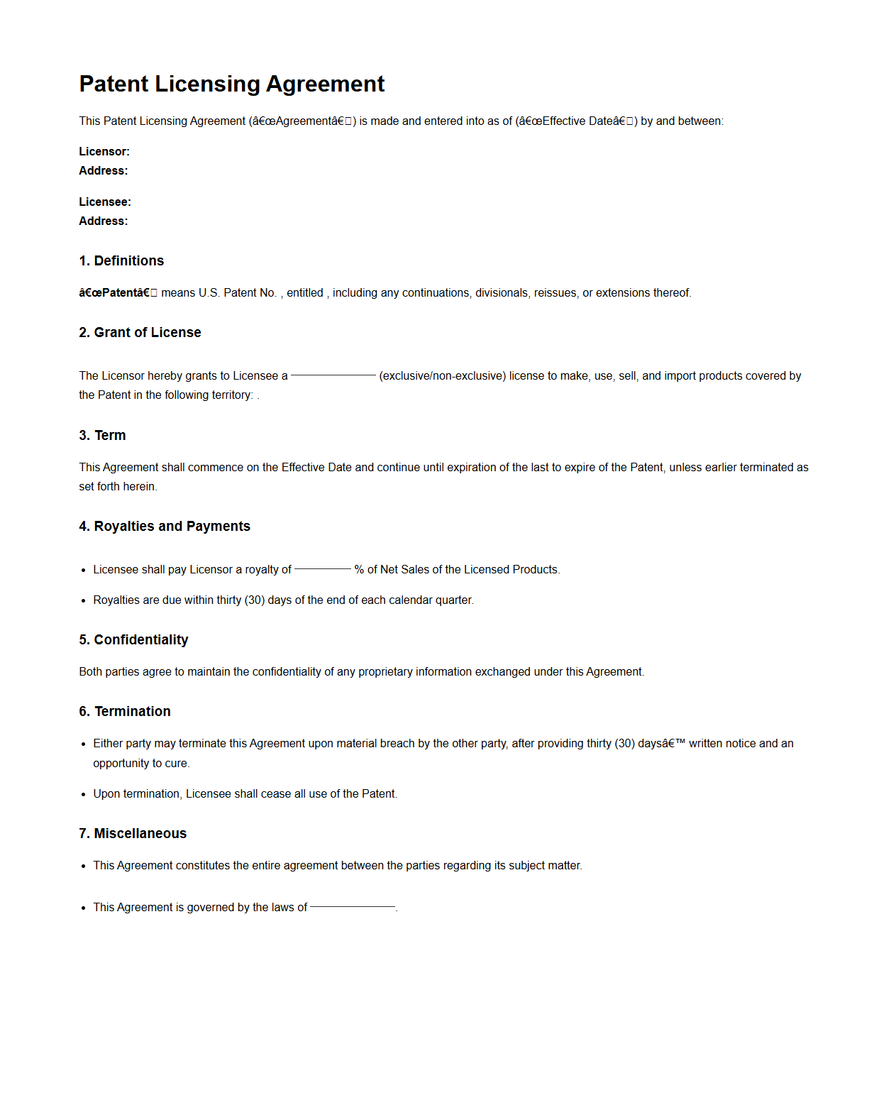Patent Licensing Agreement Sample