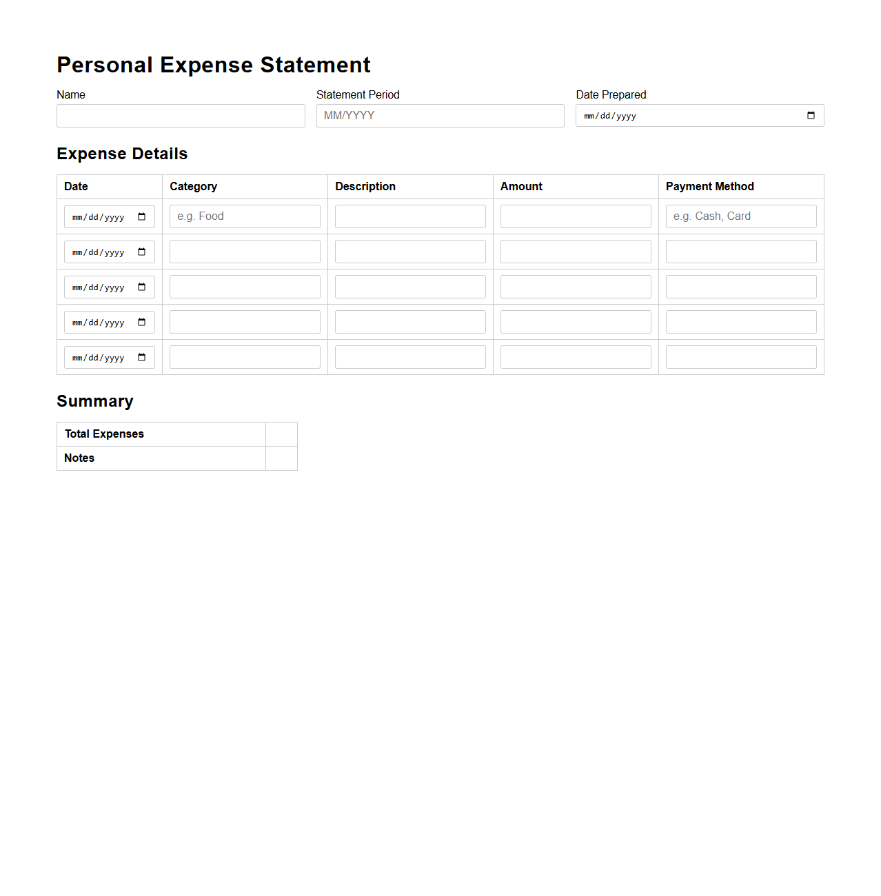 Personal Expense Statement Blank Format