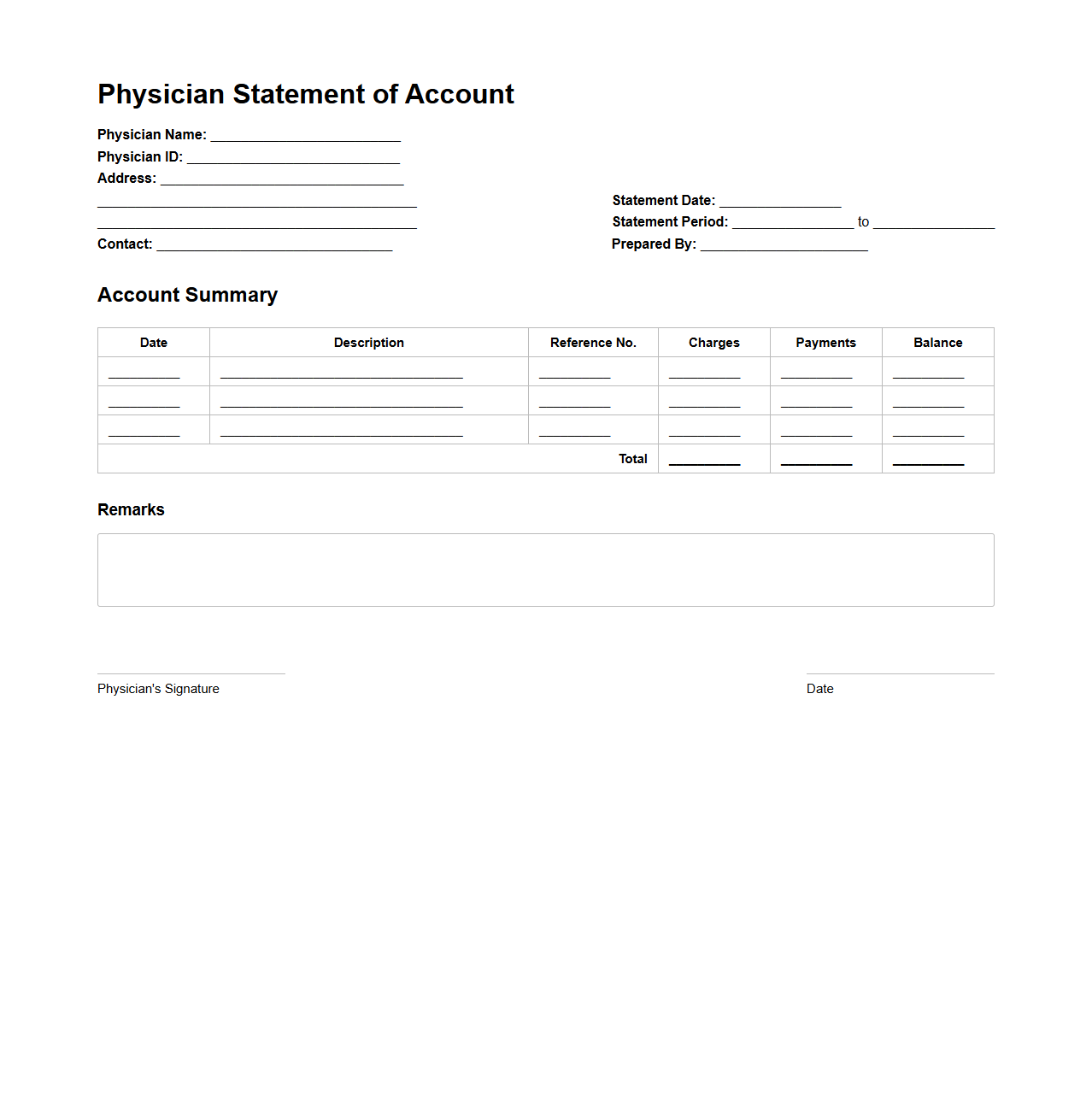 Physician Statement of Account Template