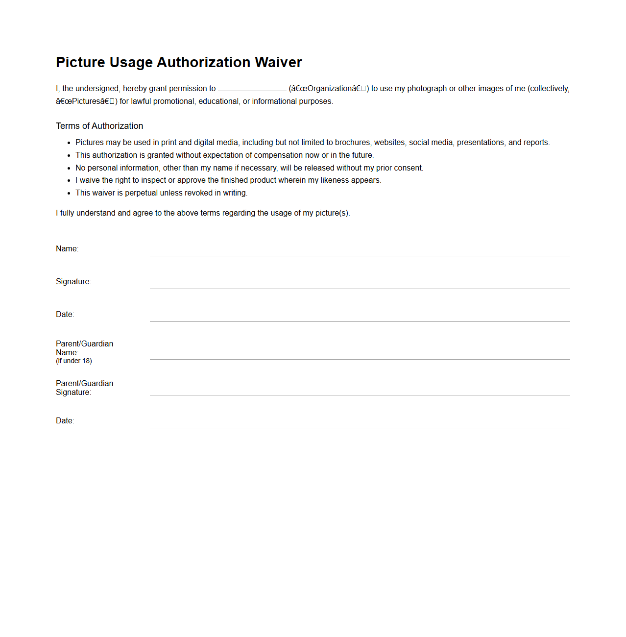 Picture Usage Authorization Waiver Template