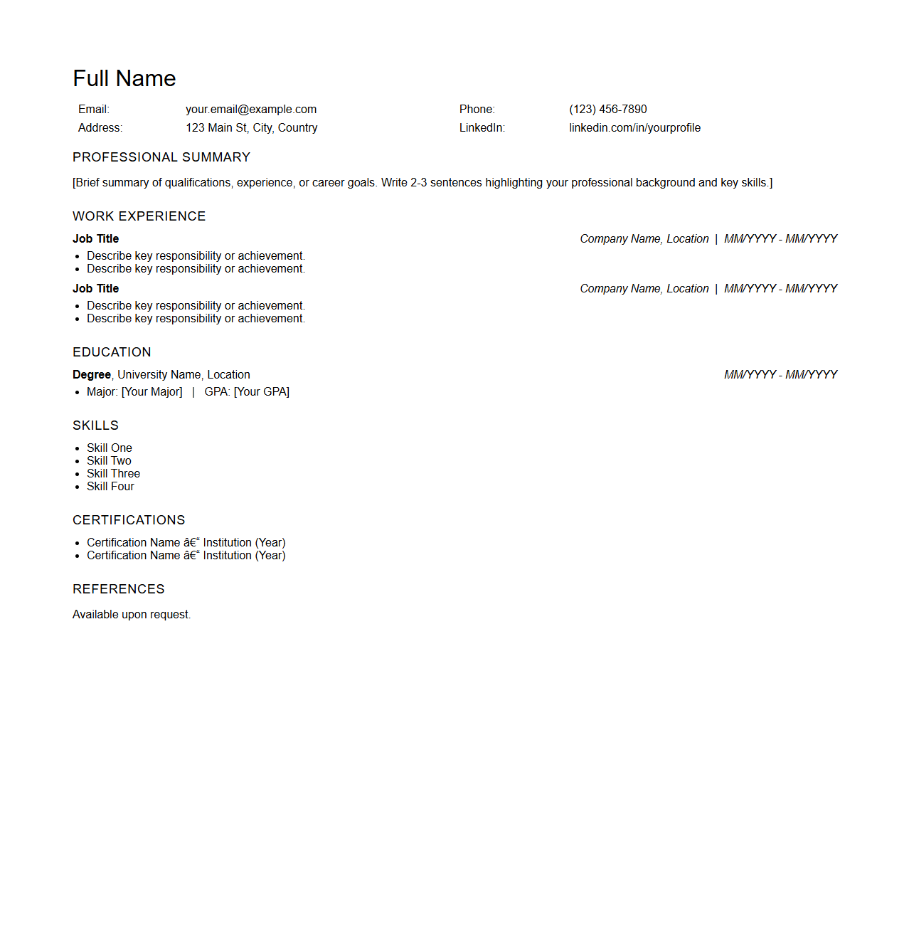 Plain Resume Sheet for Employment Opportunities